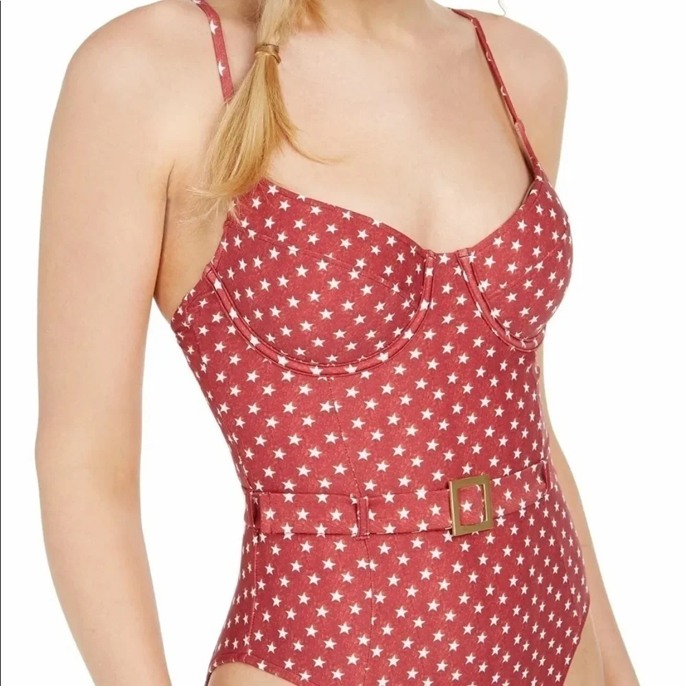 WeWoreWhat DARK RED STARS Print Danielle Belted One-Piece Swimsuit